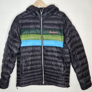 Cotopaxi Fuego Hooded Down Puffer Jacket Size S Men Black Green, Blue Stripes